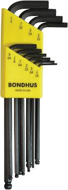 HTZ-BOS10938 BONDHUS BOS-10938 10-PC INCH BALL END L-WRENCH SET, LONG LEN