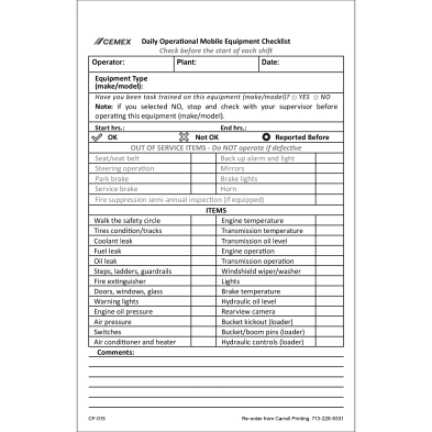 OF1-MOBILE PREOPERATIONAL CHECKLIST MOBILE EQUIPMENT