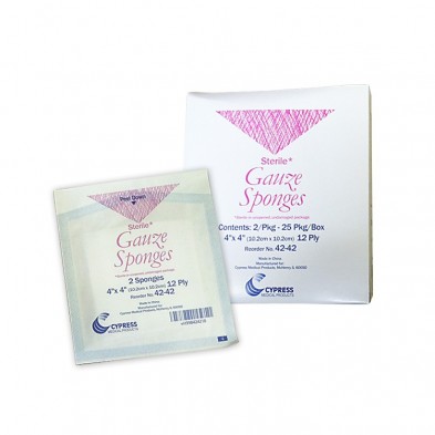 EM-6627-0002 4"x 4" Sterile Gauze Sponge, 12-ply, 2/pk, 25 pks/box
