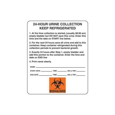 EM-6827-6462 Label, Medical, 24 hr urine collect, keep refridge, 250/roll