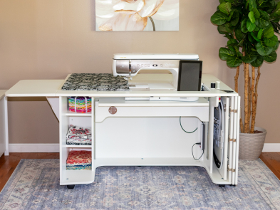 Model 9050 Sewing & Quilting Cabinet features a 34" sewing machine opening to fit the BERNINA 990, Janome M17, Brother Aveneer EV1, and Baby Lock Radiance.