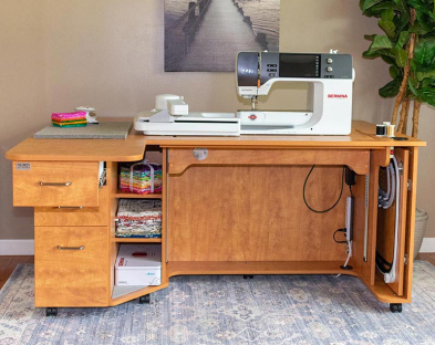 Model 9080 Sewing & Quilting Cabinet features a 34" sewing machine opening to fit the BERNINA 990, Janome M17, Brother Aveneer EV1, and Baby Lock Radiance
