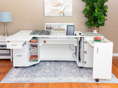 Model 9090 Sewing & Quilting Cabinet features a 34" sewing machine opening to fit the BERNINA 990, Janome M17, Brother Aveneer EV1, and Baby Lock Radiance.