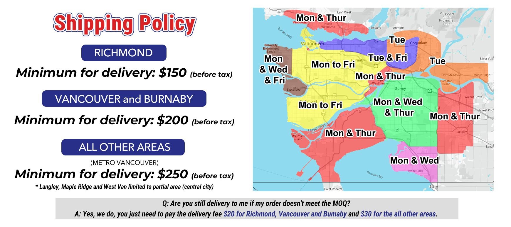 MPPL shipping policy map showing delivery zones and free delivery minimums across Metro Vancouver