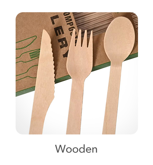 Wooden Cutlery: For a rustic and natural aesthetic, our wooden cutlery range includes forks, knives, and spoons made from sustainably sourced birchwood. These utensils are not only biodegradable but also compostable, making them an excellent choice for eco-conscious establishments. Their sturdy construction ensures reliable performance for a variety of dishes.
