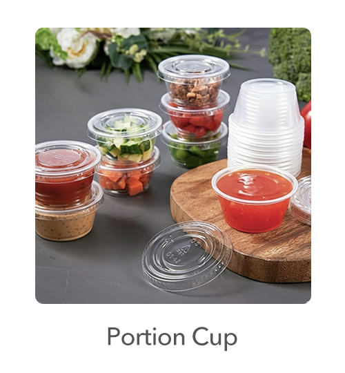Portion Cups: Ideal for serving condiments, sauces, dressings, and samples, our portion cups come in multiple sizes and materials, including plastic and paper, to suit your specific requirements.