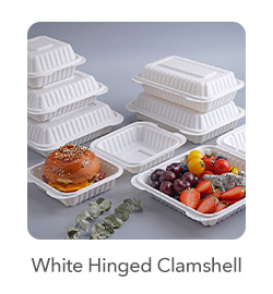 White Hinged Clamshell Plastic Containers: Ideal for takeout and delivery, these containers provide secure closure to maintain food freshness and prevent spills.