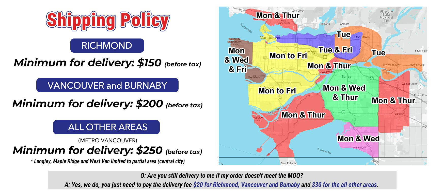 MPPL shipping policy map showing delivery zones and free delivery minimums across Metro Vancouver