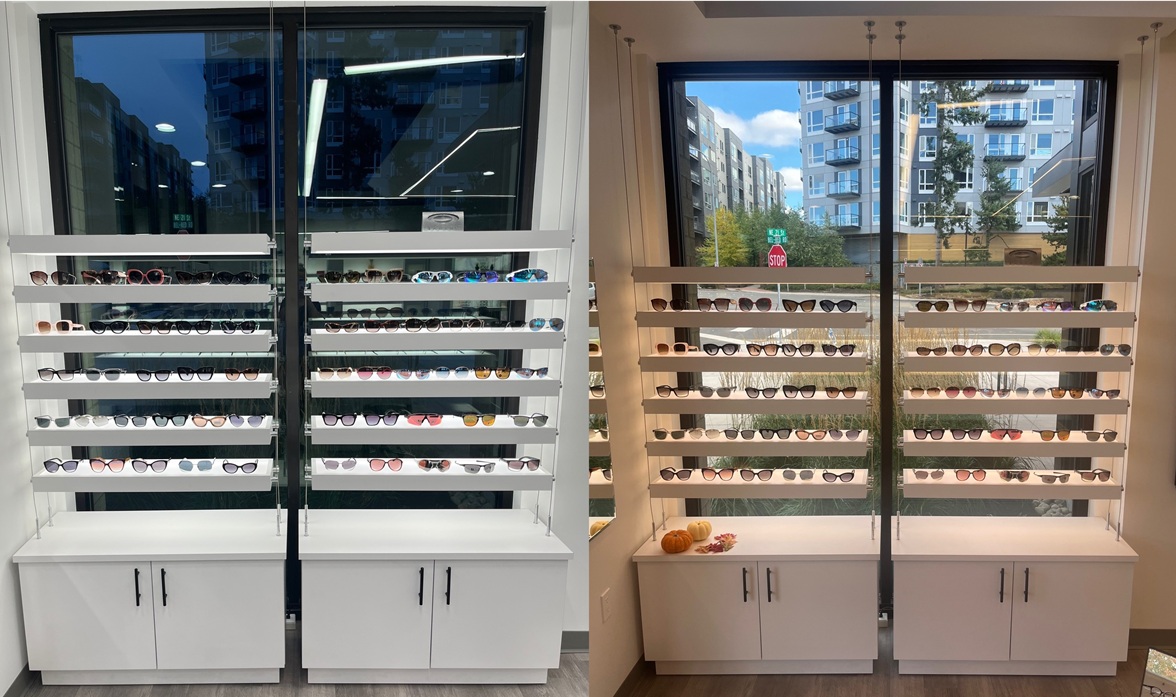 window eyewear displays, optical frame displays for windows, eye catching window displays, sunglass window showcase