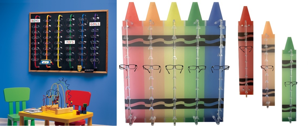 childrens eyewear display, kids glasses display, pediatric eyewear display, pediatric optometry clinic design