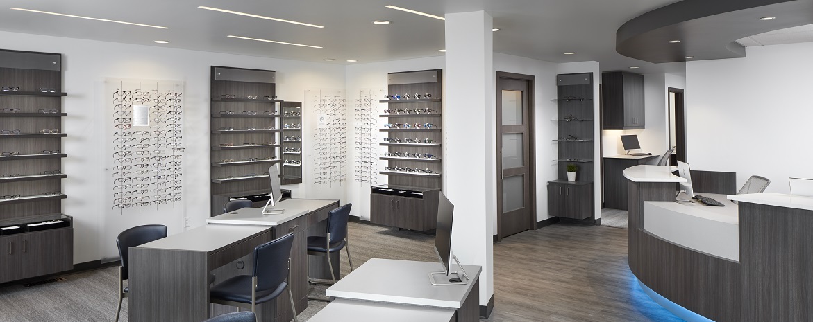 optical retail space design, minimal eyewear displays, frame display designs