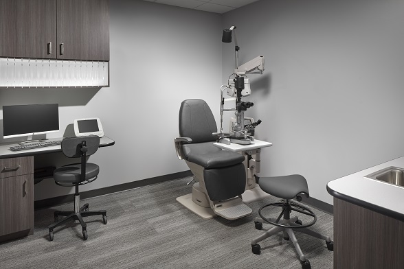 optical exam room, exam room cabinets, exam room casework, optical space design, lab cabinets, doctors office furniture