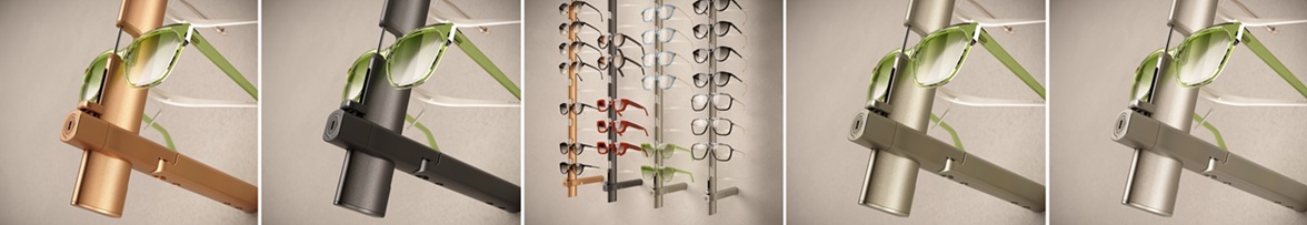 flow locking eyewear rod, metal sunglass bar, locking glasses display, metal locking sunglass wall display