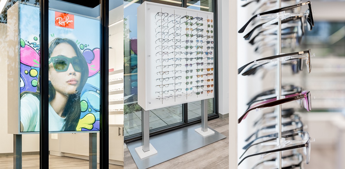 eyewear display, window display, optical frame display, high end sunglass display, sunglass display, freestanding display
