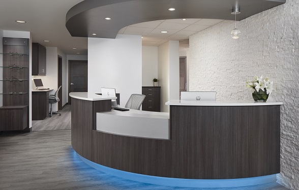 optometry office furnishings, reception desk, optical store design, casework, cabinetry, retail store cabinetry
