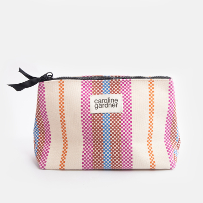 Check Stripe Printed Canvas Beauty Bag|Caroline Gardner
