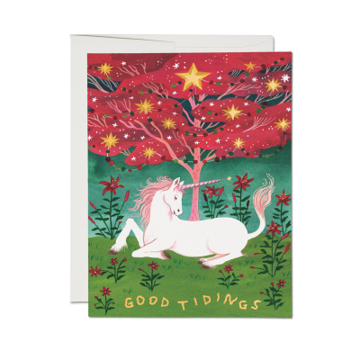 Good Tidings Unicorn FOIL Holiday Card|Red Cap Cards