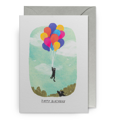 Cat Floating With Birthday Balloons