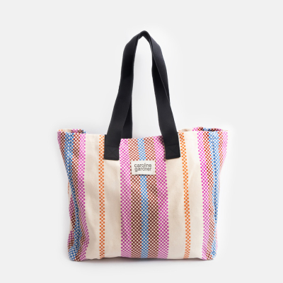Check Stripe Printed Canvas Large Tote Bag|Caroline Gardner
