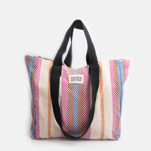 Check Stripe Printed Canvas Large Tote Bag|Caroline Gardner