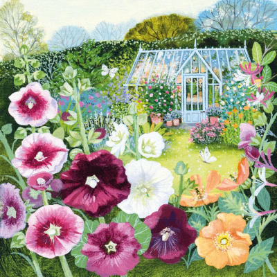Greenhouse And Hollyhocks
