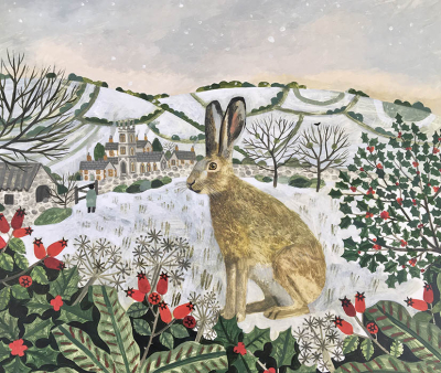 PACK Seated Hare In Snow And Holly