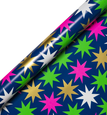 ROLL WRAP Christmas Star Neon Navy And Gold Foiled