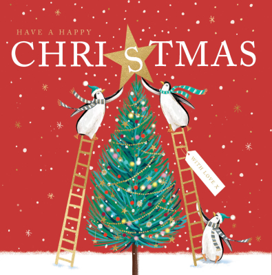 Happy Christmas Penguins Decorating The Tree