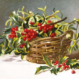 BOX SML SQ Holly And Mistletoe Basket