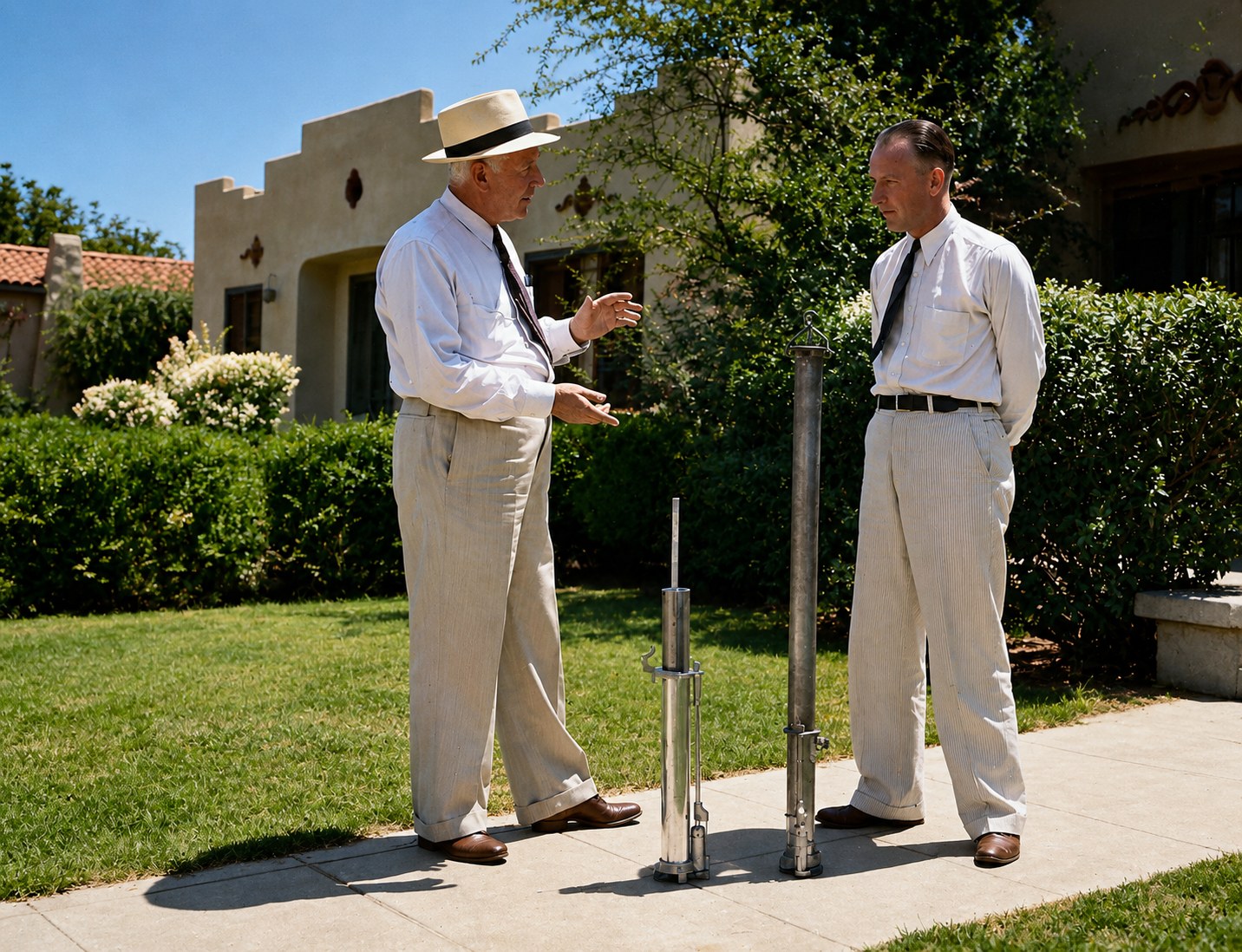 William Lee Walker demonstrating the Tulsa Oil Thief to O.D. Stallard of Magnolia Pipeline
