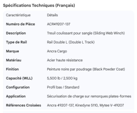 ANCRA SLIDING WEB WINCH DOUBLE L TRACK