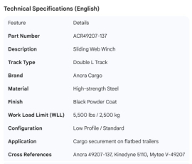 ANCRA SLIDING WEB WINCH DOUBLE L TRACK