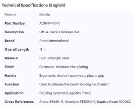 ANCRA LIFT-A-DECK 2 RELEASE BAR