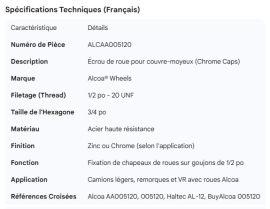 ALCOA WHEEL NUT 1/2 FOR CHROME CAPS