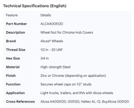 ALCOA WHEEL NUT 1/2 FOR CHROME CAPS