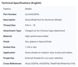 ALCOA WHEEL NUT 9/16 FOR CHROME CAPS