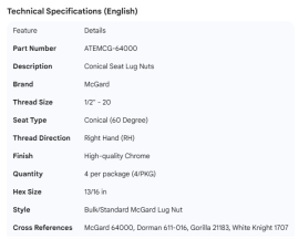 MCGUARD LUG NUT CONICAL 1/2" RH  CHROME - 4/PKG