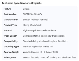 BENSON SLIDING WINCH TRACK 53' (38')