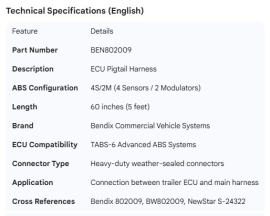 BENDIX ECU CABLE PIGTAIL HARNESS 4S/2M 60"