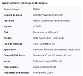 BENDIX ADB22X KW DISC BRAKE CALIPER LH REMAN // 450$ CORE