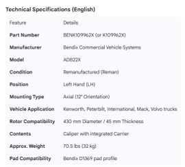 BENDIX ADB22X KW DISC BRAKE CALIPER LH REMAN // 450$ CORE