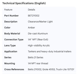 BETTS CLEARANCE LIGHT AMBER 1/4 NPT REAR ACST ALUMINUM