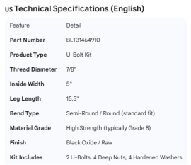 U-BOLT KIT 7/8" X 5" X 15.5"