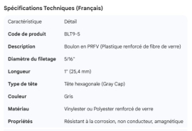 FRP BOLT 5/16" X 1" GRAY CAP