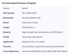 GREAT DANE BOTTOM RAIL 52' 60304106