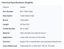 TRAILMOBILE BOTTOM RAIL 52' 90-4-2352