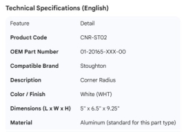 STOUGHTON CORNER RADIUS WHT 01-20165-XXX-00 5"X 6.5"X9.25"