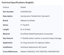 WABASH FLEX SKIRT DURAPLATE AEROSKIRT 9" FLEXSKIRT 96"