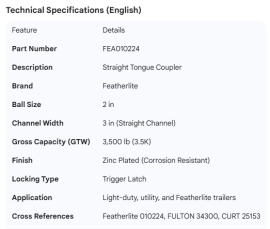FEATHERLITE COUPLER DRAG STRAIGHT 2" 3.5K ZINC