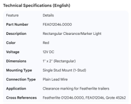 FEATHERLITE LIGHT C/M 12V RECT 1X2 STUD RED PLAIN LEAD
